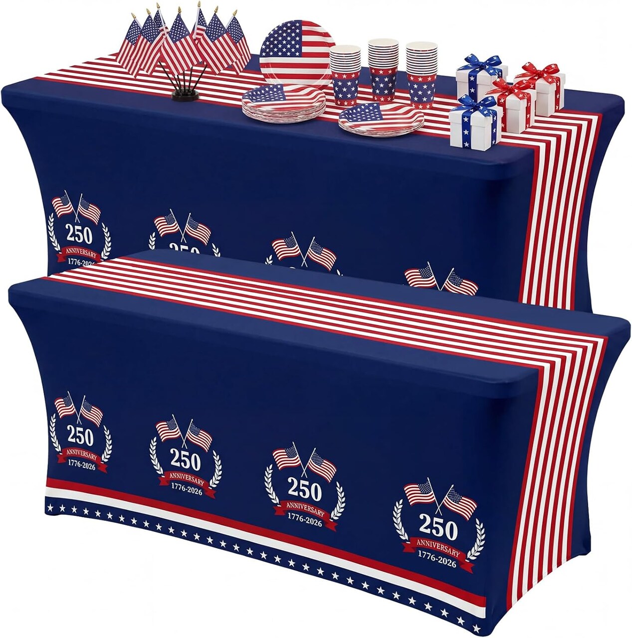 250th Anniversary Patriotic Stretch Table Cover Set – 2 Pack 6FT Spandex American Flag Tablecloths for 4th of July, Memorial Day & Veterans Day Party Decorations